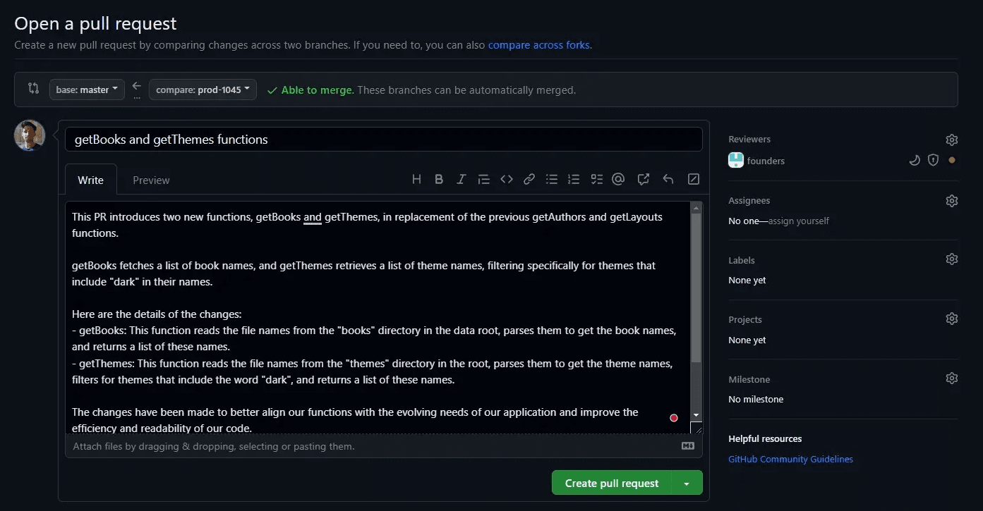 Open a pull request for GitHub to compare branches