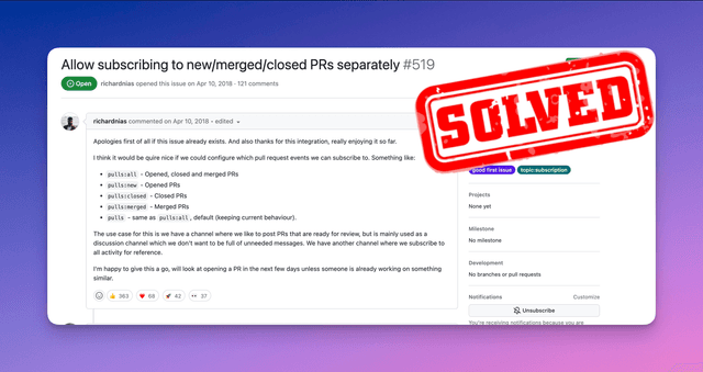 Allow subscribing to new/merged/closed PRs separately #519 (Solved)
